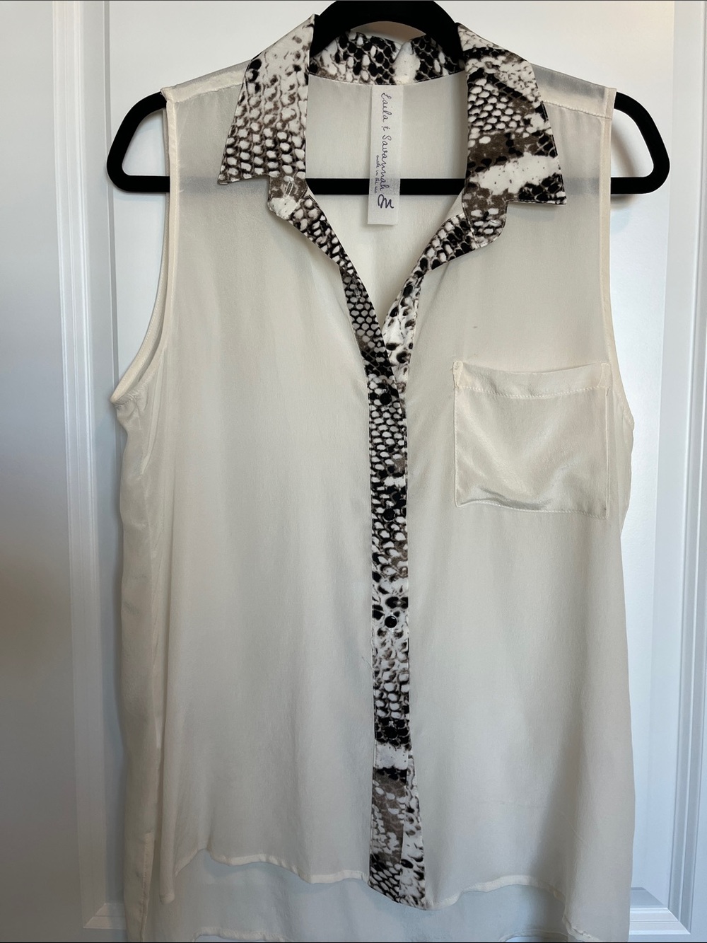 Sleeveless Cream Blouse with Snake-Print Trim by Laila&Savannah
